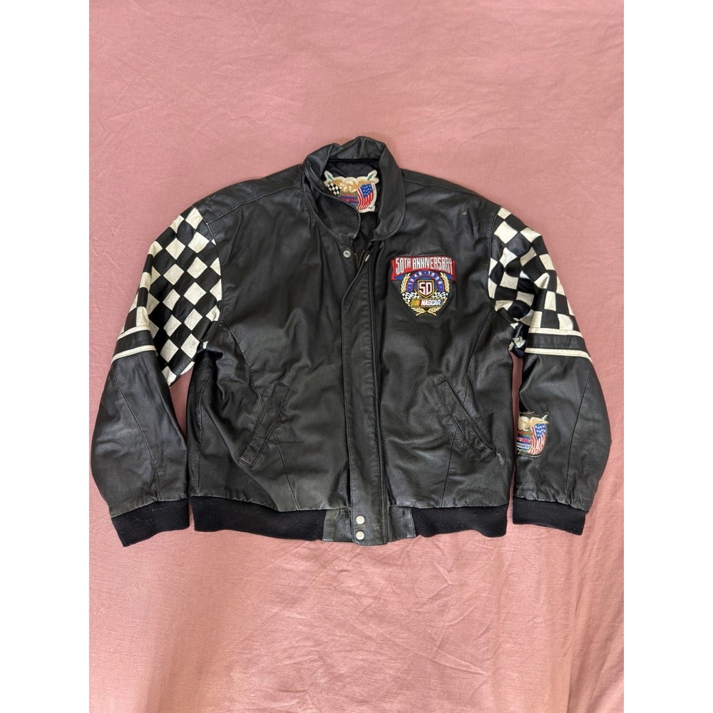 VTG/Jeff Hamilton Leather Jacket NASCAR 50th Anniversary Black /Checkered - Sz L